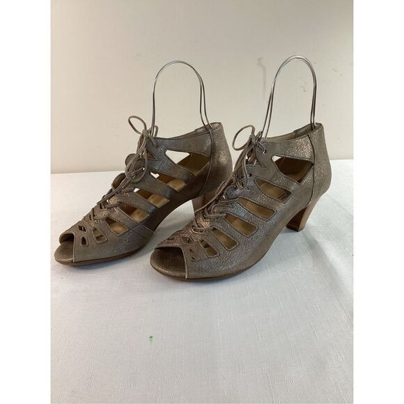 Paul Green Leather Metallic Lace-up Stacked heel Sandals Size 7 (38) - Picture 2 of 13
